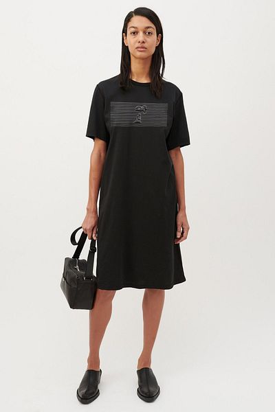 ROCKANDROLL Striped Dog Black Crew Neck Short Sleeve Above Knee Mid Length Combed Cotton Dress