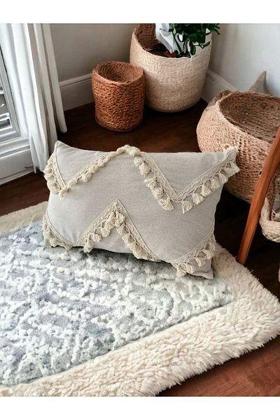 NDC HOME Special Design Cross Pompom Single Linen Cream Throw Pillow Cover (35X55)