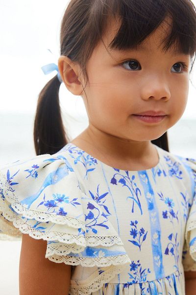 Next Baby Blue Floral Patterned 100% Cotton Angel Sleeve Dress