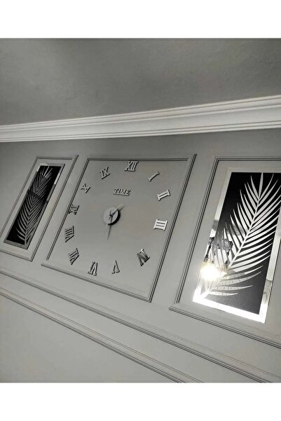 Wooden Factory 3 Parçalı Duvar Saati Seti, Akrilik Pleksi Aynalı Palmiye Yapraklar Ve Roma R. Saat