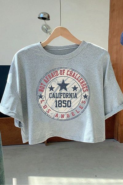 MODAGEN Los Angeles 1850 Printed - Γκρι γυναικείο μπλουζάκι με λαιμόκοψη