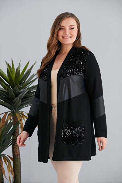 Butik Ayseba Kadın Siyah Pullu Pul Payet Deri Detaylı Cepli Hırka Ceket