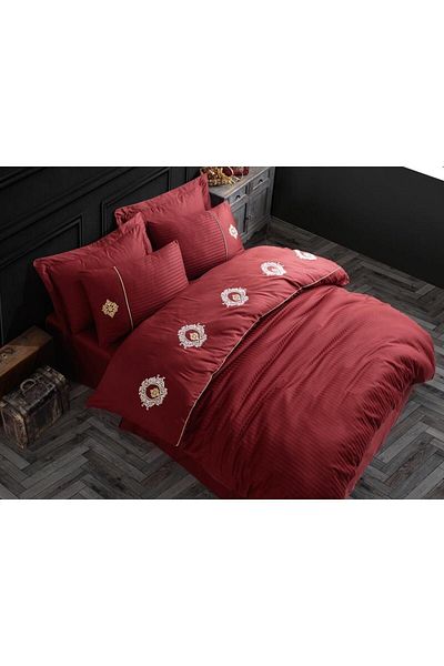 Hobby Elegant Embroidered Cotton Satin Double Duvet Cover Set Olimpos Bordeaux