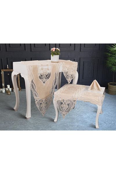 Çeyiz Diyarı Set Sufragerie Gonca Velvet 5 Piese - Cappucino