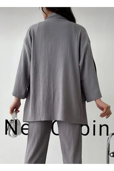 NewCabin Kimono de vară cu lycra afumat și pantaloni cu picioare largi - Set Wrap Crinkle Season Nou