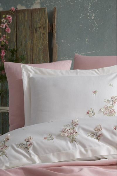 Çeyiz Diyarı Ecru Venus Embroidered 100% Cotton Satin Double Duvet Cover Set