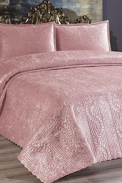 Çeyiz Diyarı Double Velvet Bedspread Powder