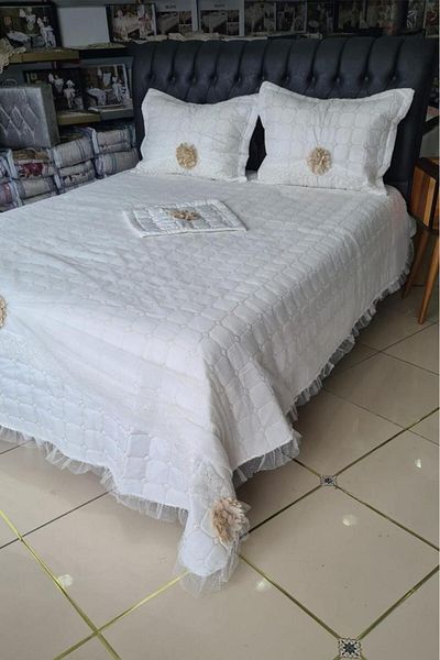Çeyiz Diyarı Elegant Double Bed Cover Set Cream