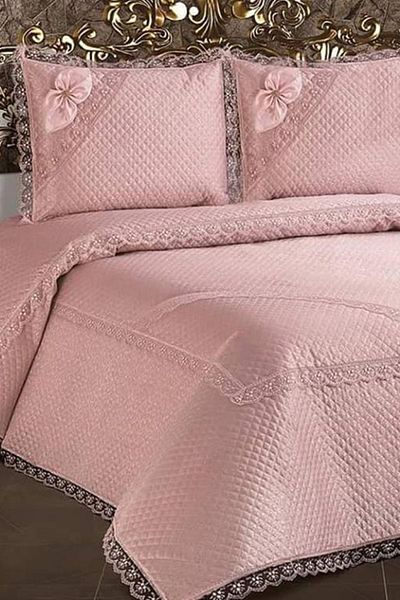 Çeyiz Diyarı Poppy Quilted French Guipure Bedspread Powder