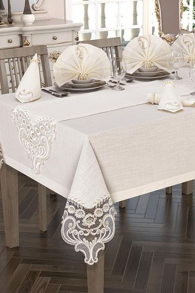 Çeyiz Diyarı Crown Linen French Laced Tablecloth Set 26 Pieces Cream