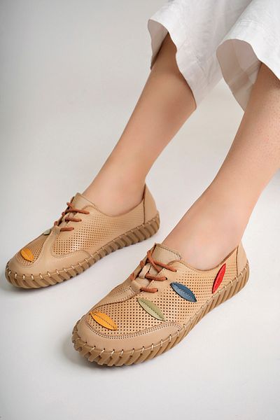 Deripabuc Beige Genuine Leather Women's Casual Shoes - Dp77-0671