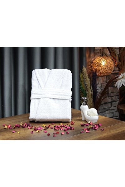 Çeyiz Diyarı Schlichter Bademantel mit Schalkragen, große Größe, Weiß