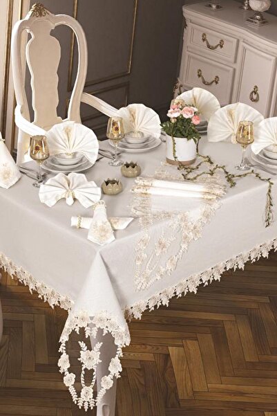 Çeyiz Diyarı Daisy Love Masa Örtüsü 160x220 Cm 26 Parça Krem