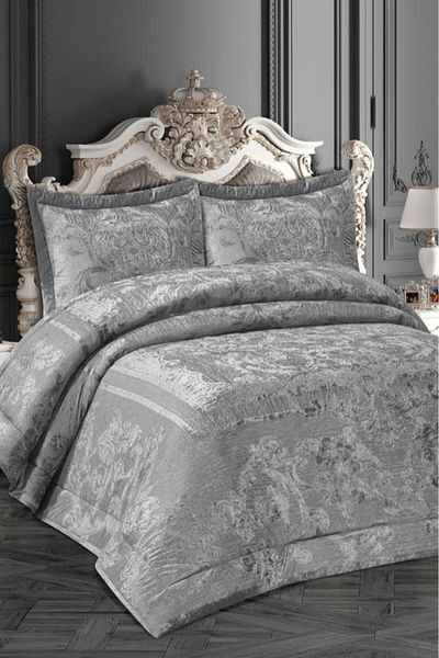 Çeyiz Diyarı Florita Gray Double Bedspread - Jacquard Velvet