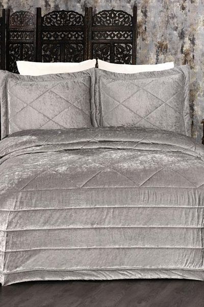 Çeyiz Diyarı Elina Velvet Double Bedspread Gray