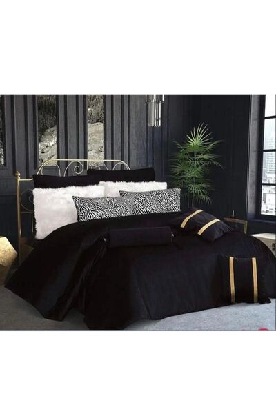 Çeyiz Diyarı Caroline Kadife Çift Kişilik Dolgulu 10 Parça Yatak Örtüsü Siyah
