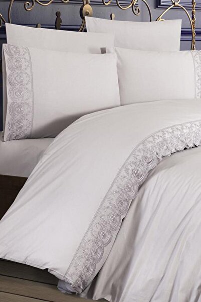 Çeyiz Diyarı طقم غطاء لحاف كوري مهر من الدانتيل الفرنسي باللون الرمادي