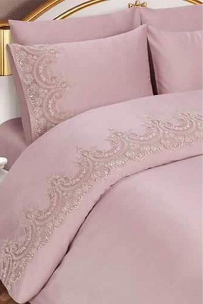 Çeyiz Diyarı Set de husă de pilotă unică, 4 bucăți, pudră, French Lace Sultans