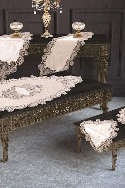 Çeyiz Diyarı French Laced Jasmine Velvet Σετ Σαλονιού 5 τεμαχίων Κρέμα