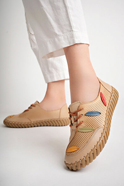 Deripabuc Beige Genuine Leather Women's Casual Shoes - Dp77-0671