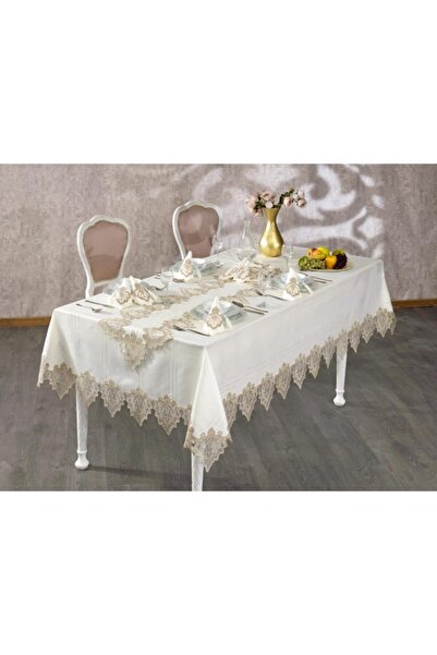 Çeyiz Diyarı French Laced Saltanat Tablecloth Set Ecru Copper 26 Pieces