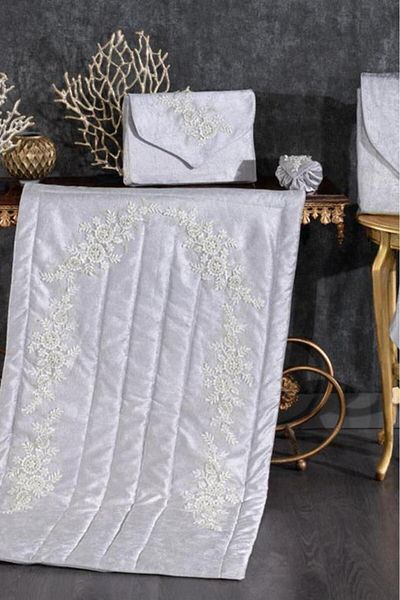 Çeyiz Diyarı Velvet Prayer Rug Set Gray