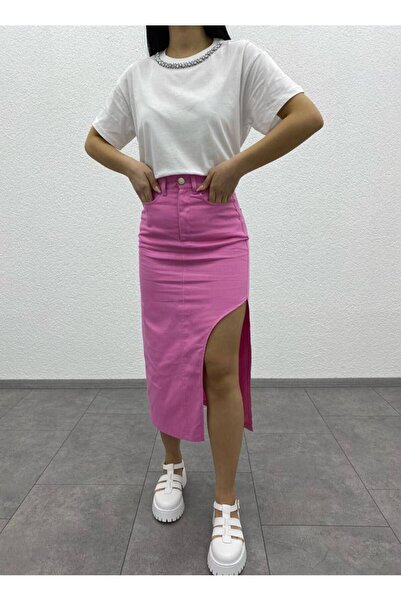 Donatello Kadın  Yandan Derin Yırtmaç Detaylı Uzun Denim Etek