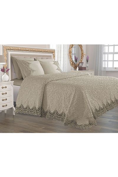 Çeyiz Diyarı Double French Laced Dowry Blanket Set Arus Beige206280