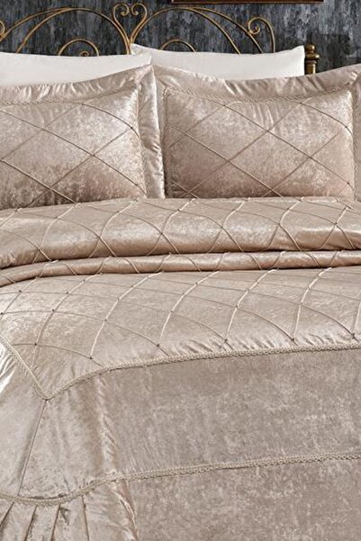 Çeyiz Diyarı Pandora Nakışlı Kadife Çift Kişilik Yatak Örtüsü Bej