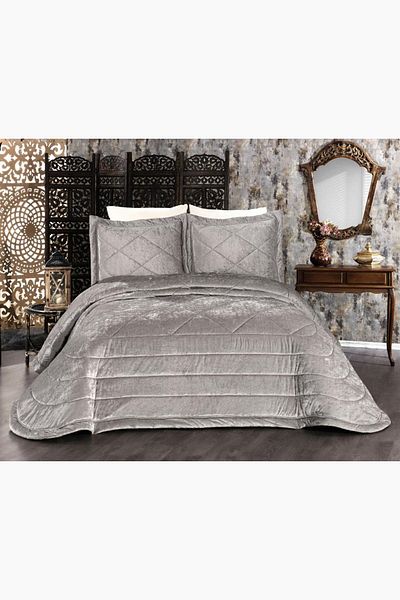 Çeyiz Diyarı Elina Velvet Double Bedspread Gray
