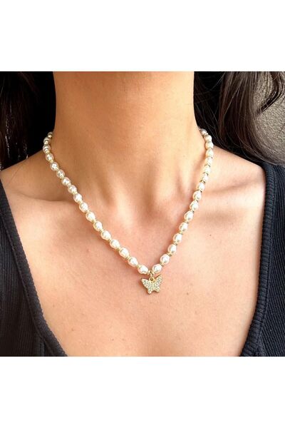 toptanhanem Zirkon Taşlı Kelebek Figürlü İnci Kolye | Estetik ve Modern İnci Tasarım Kolye