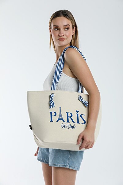 ELEPHANT ÇANTA Plaj Çantası Omuz Askılı Lamineli Kanvas Bez Çanta - Çift Kulplu Iç Cepli Logo Baskılı %100 Pamuk