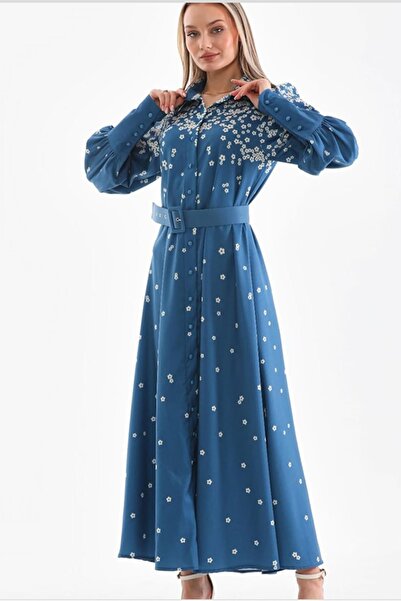 TRENDBUTİKOFFİCİAL Ύφασμα Atlas με λουλουδάτο σχέδιο - Φόρεμα Uzn Sleeve and Belt