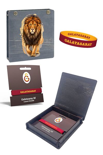 Galatasaray سوار سيليكون مزدوج الجوانب مطبوع عليه أسد - صندوق هدايا خشبي