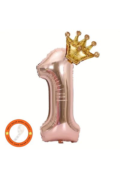 Konsept Sepeti Rose Gold Birthday Set - Foil Headband with Age Balloon and King Crown (Gift)