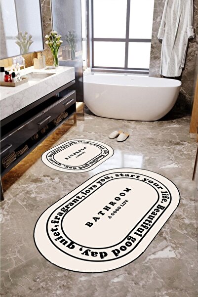 eco concept Non-Slip Base, Bathroom, Mat, Bathroom Written, Aesthetic, Oval, 2-Piece Toilet Seat Set