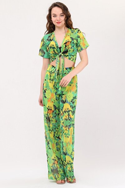 Bolder Nico Neon Green Pattern Beach Trousers Crop Set