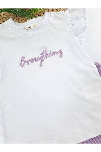 Butik Lilac Two Pieces Set - Girl's Summer Pants and T-shirt, Ribbed Fabric and Ruffled Sleeves
