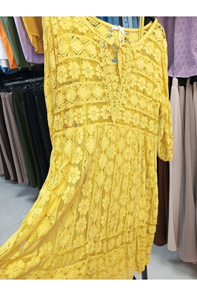 AKŞEN GİYİM BÜYÜK BEDEN ASTARLI TAMAMI İTHAL DANTEL KUMAŞ UZUN KATLAMALI KOLLU BOYU 100 CM STANDART ELBİSE