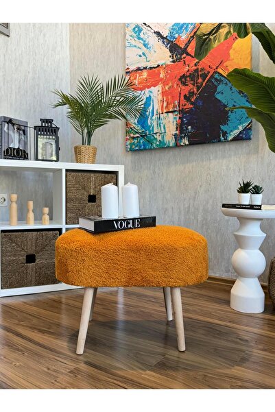 WEBPANYA Gürgen Ahşap Ayak Turuncu Teddy Kumaş Pofidik Tedy Handmade Oval Puf...