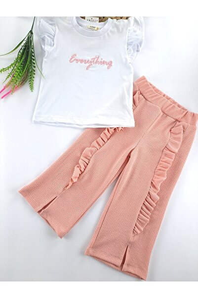 Butik Kız Çocuk Yazlık Somon Pembe Ikili Takım Pantolon Fitilli Kumaş Tişort ...