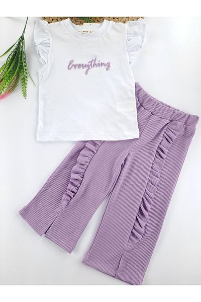 Butik Lilac Two Pieces Set - Girl's Summer Pants and T-shirt, Ribbed Fabric and Ruffled Sleeves