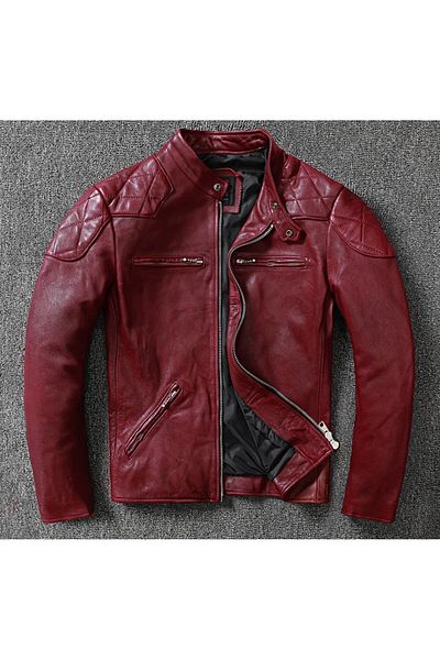 NYC GİYİM TEKSTİL Red Vintage Motorcycle Wine Genuine Leather Coat