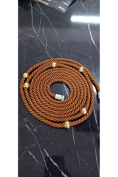serART Gold Colored Copper Rope - Tulle Double Breasted Curtain with Bead Detail