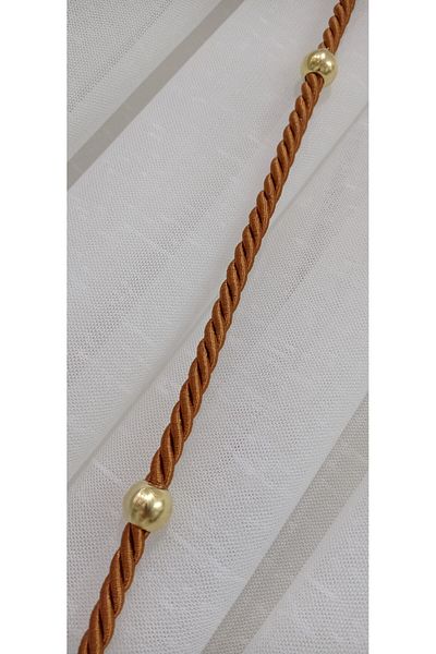serART Gold Colored Copper Rope - Tulle Double Breasted Curtain with Bead Detail