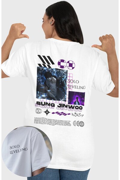 Fuddy Moda Jin-woo Solo Leveling Anime Unisex Oversize kroj T-shirt - Nazad Š...