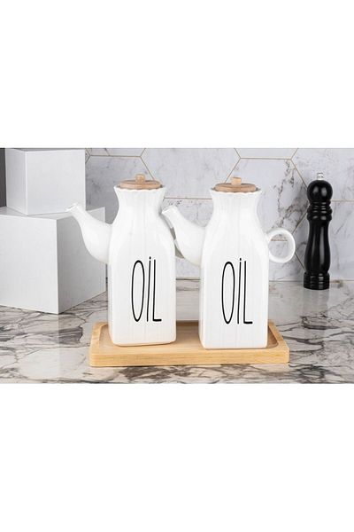 Kitchen Pembelia وعاء زيت سعة 1000 مل مع حامل من الخيزران، طقم بورسلين مكون من قطعتين و3 قطع