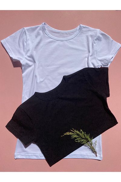 LEYNA BUTİK 2 Pieces Black and White Round Neck Cotton Lycra Women's Body T-shirt - Short Sleeve