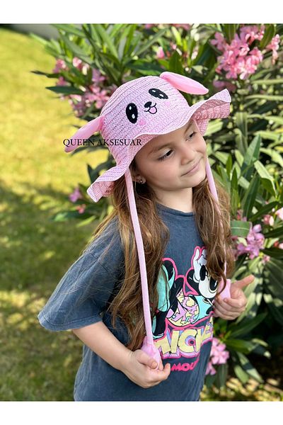 QUEEN AKSESUAR Children's Hat with Pink Animal Figures - Movable and Eared Straw Pump