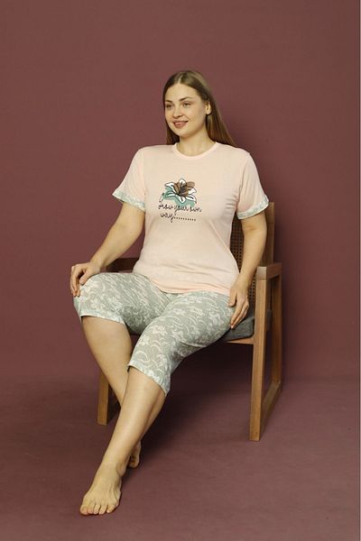 makkash 100% Cotton Large Size Powder Pink Floral Patterned Battal Bermuda Women's Pajamas Set